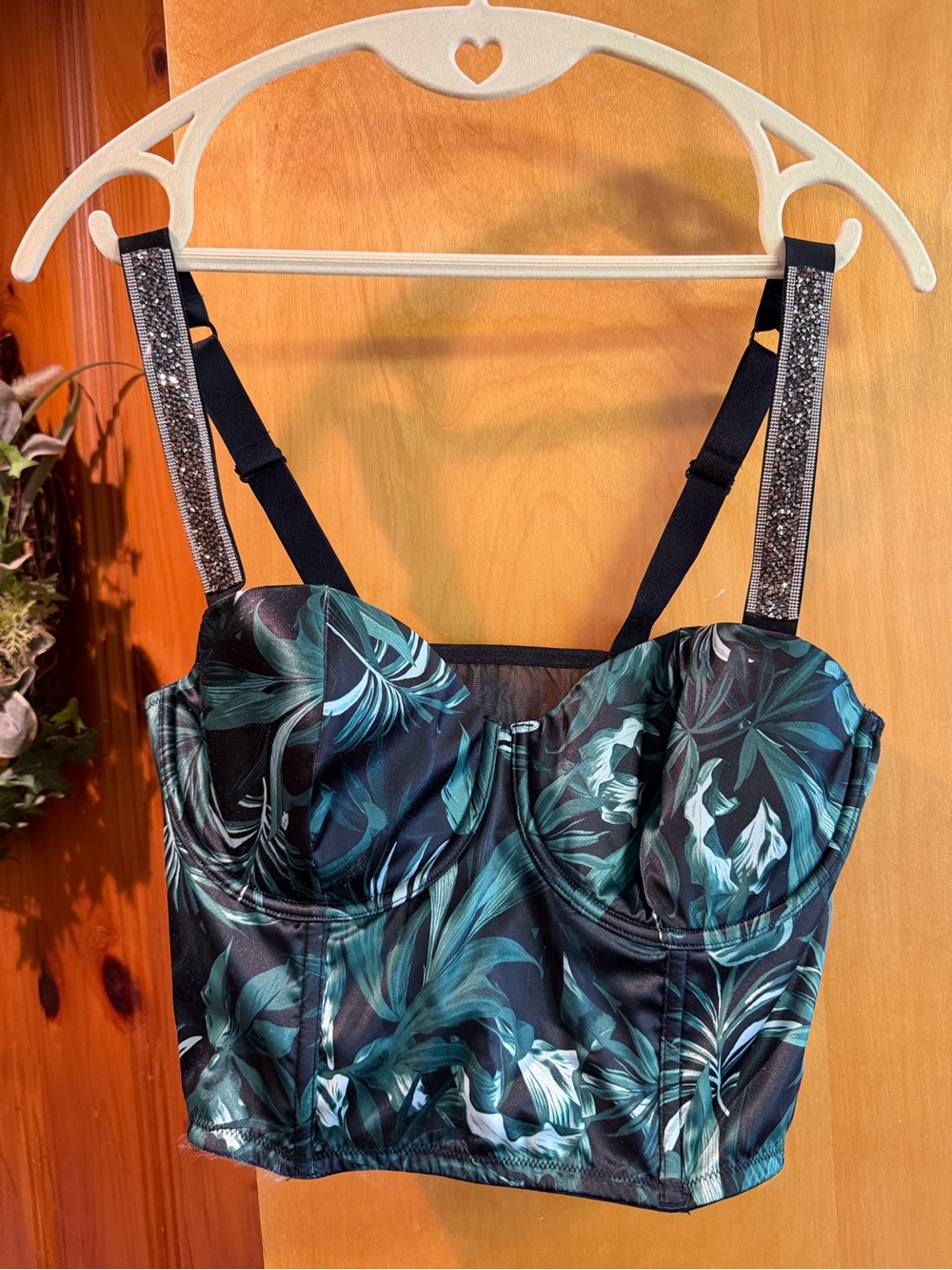 NWT Victoria’s Secret Tropical Leaf Bustier Top in Teal and Black, size 36D